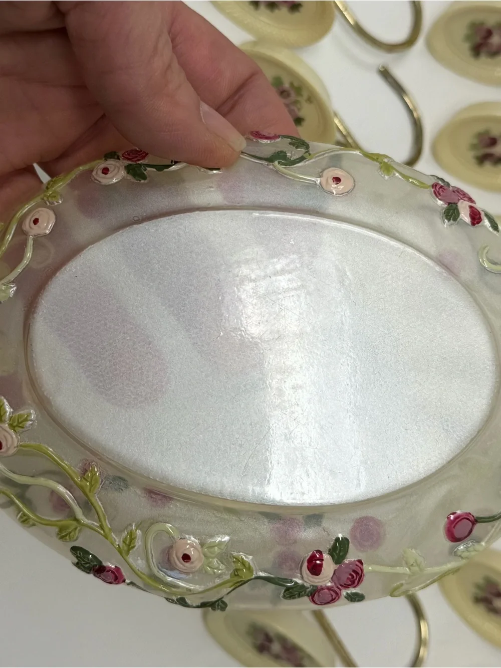 Vintage Grandma-core 23 Shower Hooks, Soap Dish Cream with Roses Lot Shabby Chic